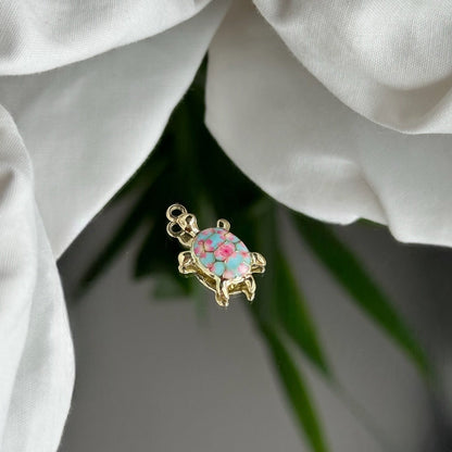 White turtle with pink flowers - Charm